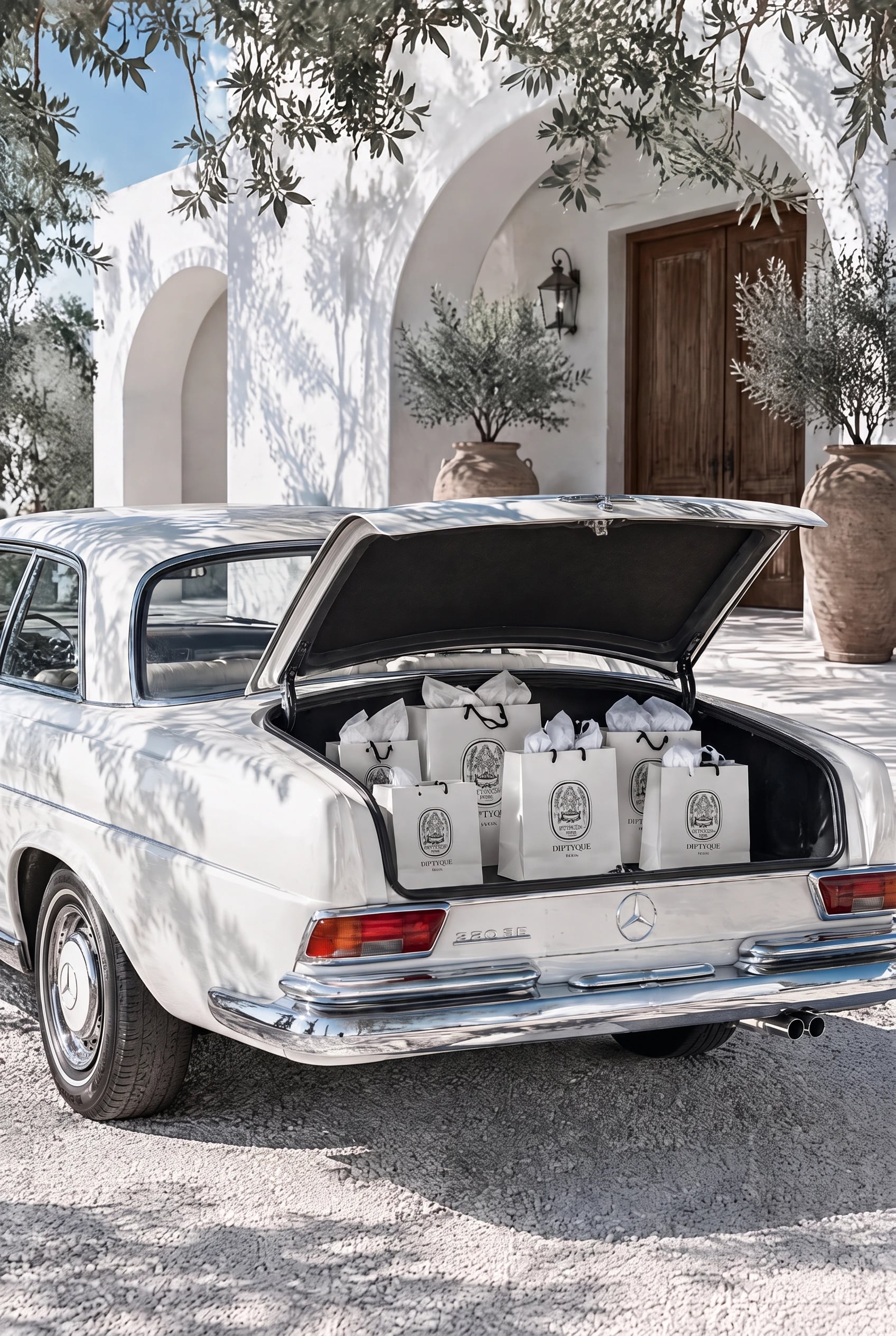 Diptyque · Philosykos: Diptyque Taschen in einem klassischen Mercedes