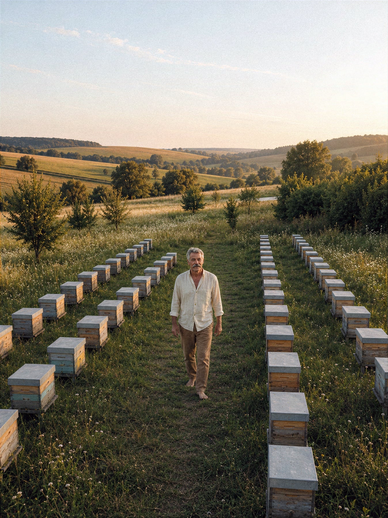 Mellis Honey: Rows of hives at golden hour