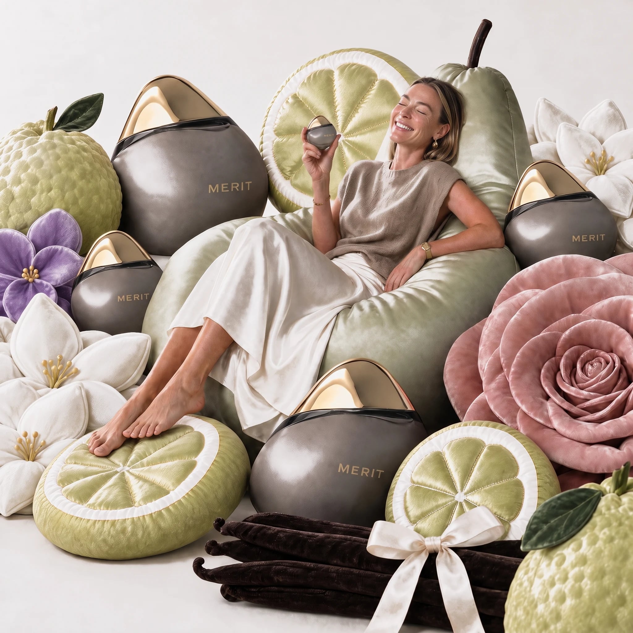 MERIT perfume and a woman reclining among oversized soft fruit and flowers