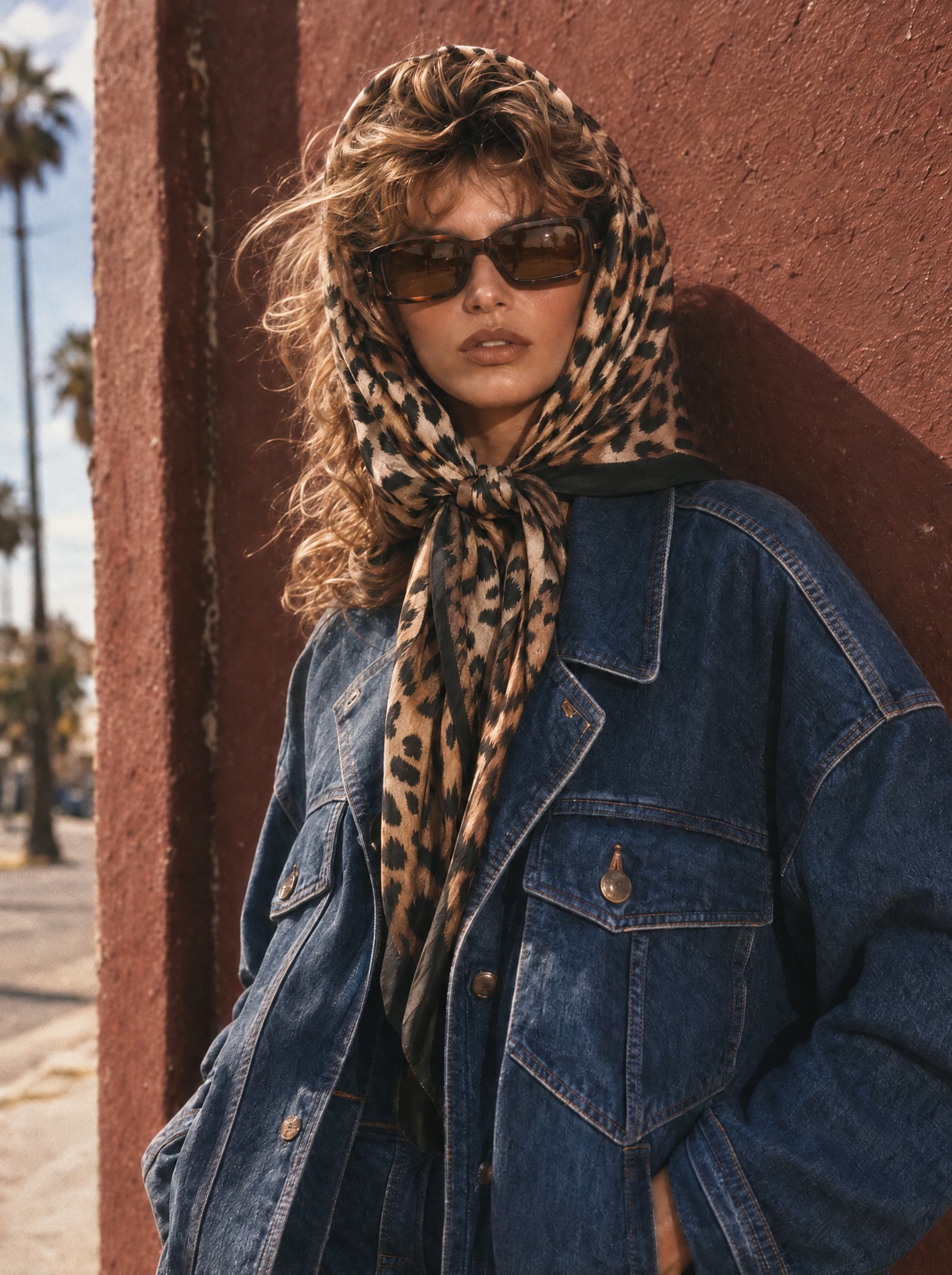 Wild denim: Leopard scarf and denim in the afternoon sun