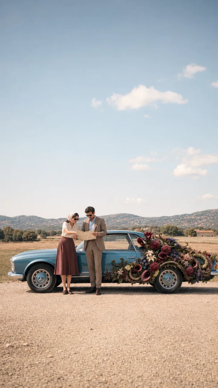 A Vertige road trip, a vintage car blooming with flowers in the hills