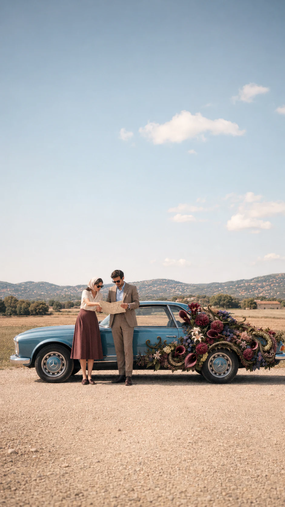 A Vertige road trip, a vintage car blooming with flowers in the hills